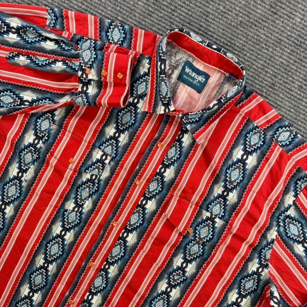 Wrangler Western Shirt Mens XXL Red White Blue Southwestern Aztec Snap Front